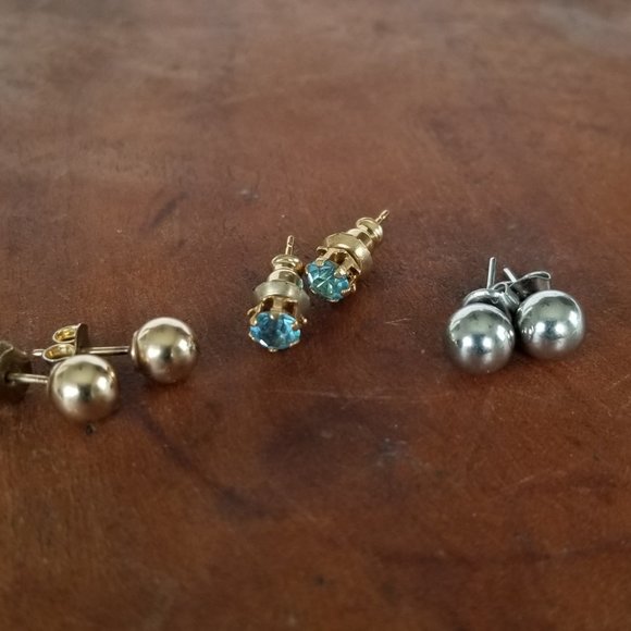 Vintage Post Earring Lot- 3 pairs- Gold & Silver Ball & Aqua Blue Crystal - Picture 2 of 8
